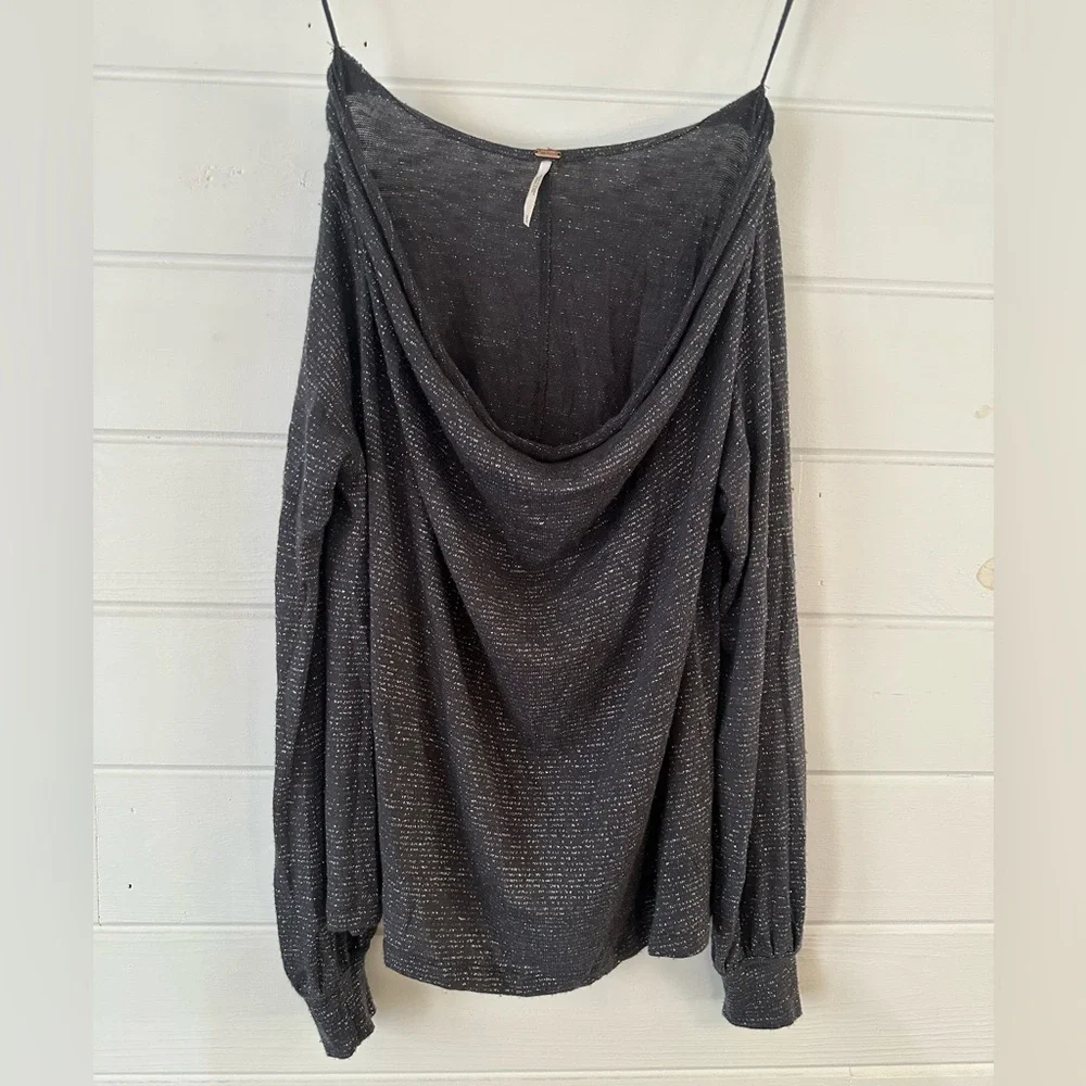 Free People Metallic Shimmer Draped Cowl Neck Long Sleeve Boho Oversized Top S